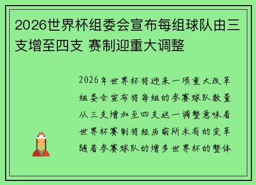 2026世界杯组委会宣布每组球队由三支增至四支 赛制迎重大调整