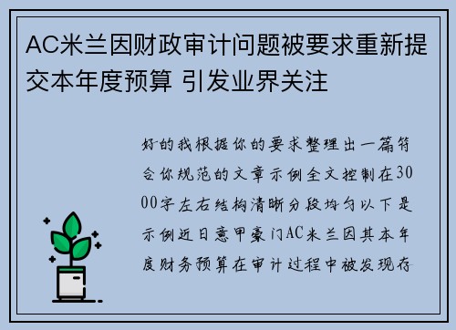 AC米兰因财政审计问题被要求重新提交本年度预算 引发业界关注